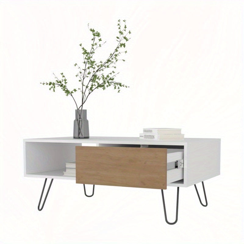 Mid-Century Modern White Coffee Table with 1 Drawer & Hairpin Legs - Retro Industrial Design, Durable Non-Wood Material, No Assembly Required for Living Room, Office, Dorm, Office Storage Solution, Minimalist Design, Notwood Material