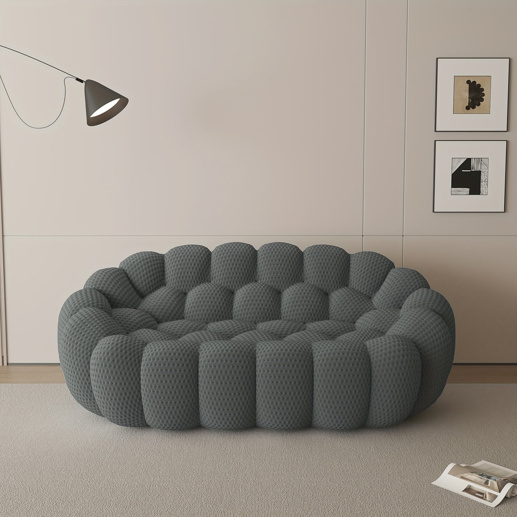 Modern Curved Sofa with a Comfortable Upholstered Design, Featuring a Mesh Fabric in a 3D Honeycomb Pattern, Suitable for Living Rooms, Offices, Apartments, And Compact Areas