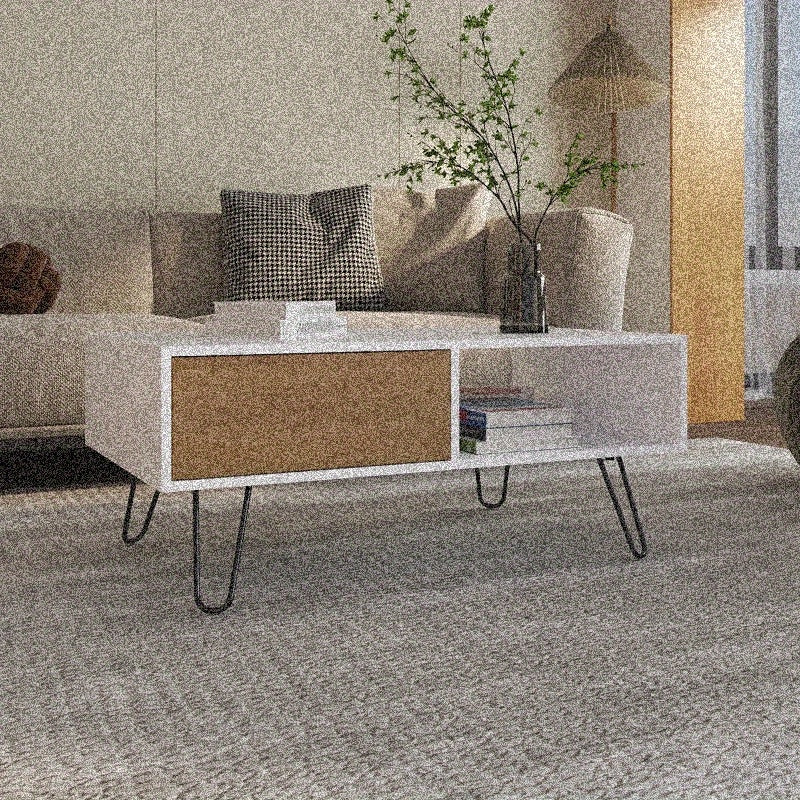 Mid-Century Modern White Coffee Table with 1 Drawer & Hairpin Legs - Retro Industrial Design, Durable Non-Wood Material, No Assembly Required for Living Room, Office, Dorm, Office Storage Solution, Minimalist Design, Notwood Material