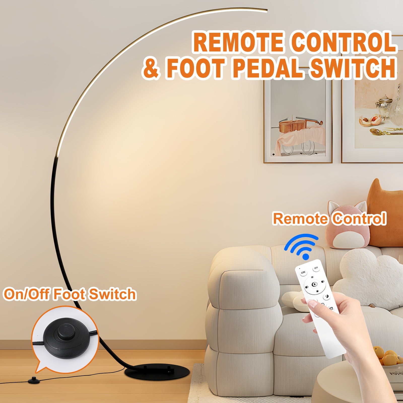 Modern 65 Inch Arched Standing Reading Floor Lamp with Remote - Dimmable Black LED Color Changing Curved Ambient Lighting for Bedroom And Living Room