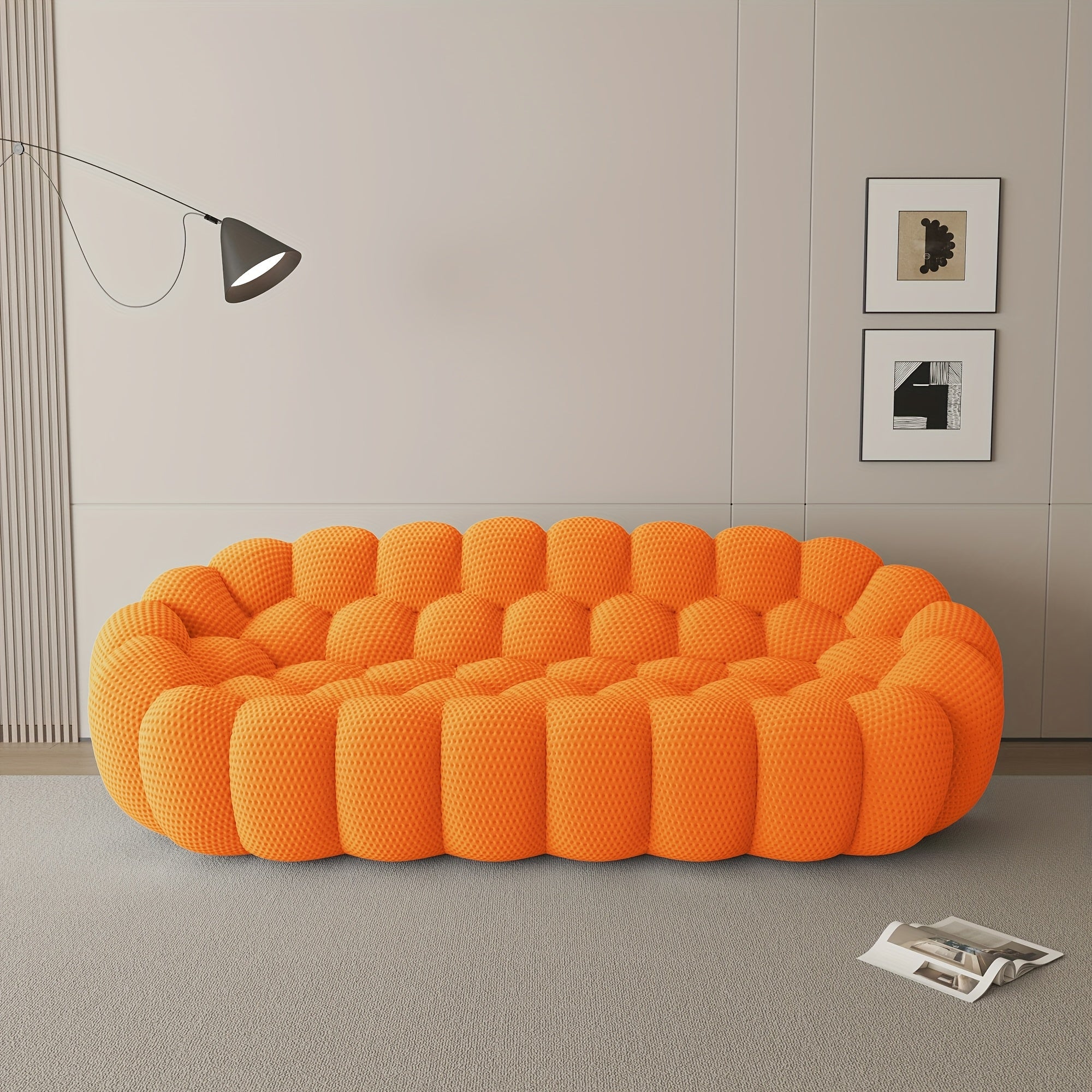 Modern Curved Sofa with a Comfortable Upholstered Design, Featuring a Mesh Fabric in a 3D Honeycomb Pattern, Suitable for Living Rooms, Offices, Apartments, And Compact Areas