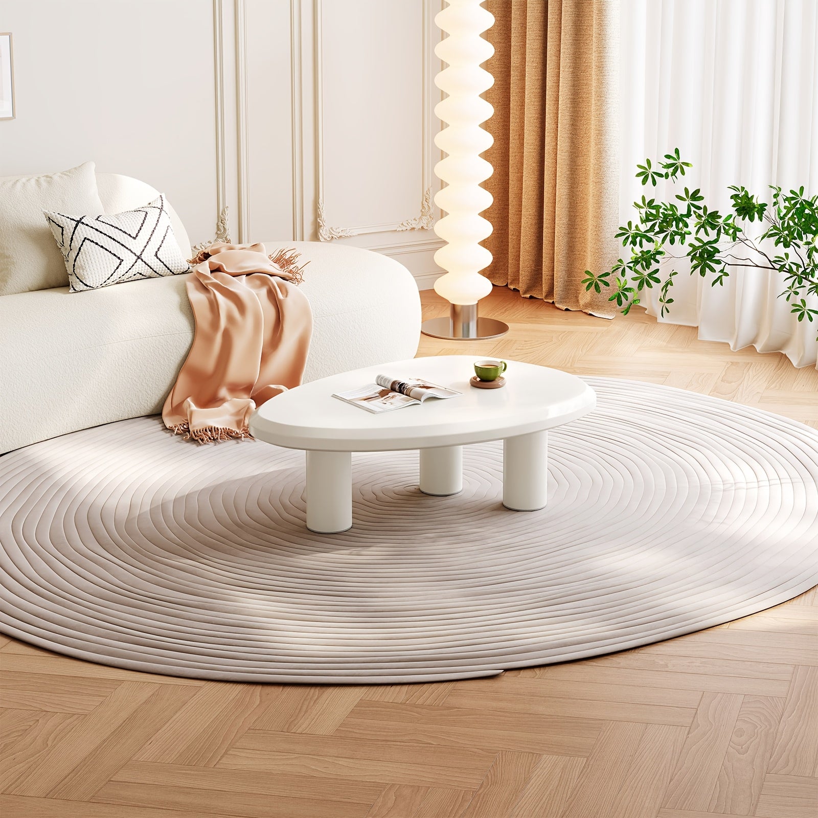 Modern Irregular Triangle Coffee Table, Minimalist Accent Table with Cylindrical Legs, Curved Edge Design, Stable 3-Leg Support, Safety Rounded Corners, for Living Room Bedroom Office