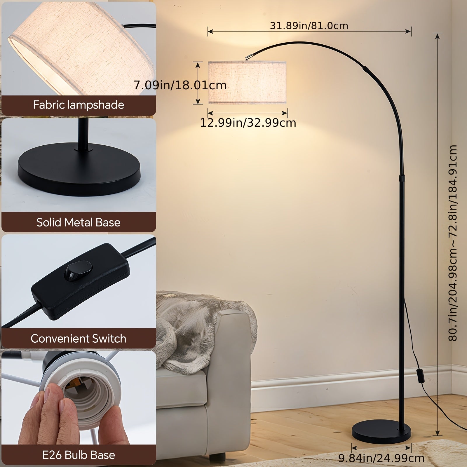 80-inch Modern Arc Floor Lamp with Adjustable Pendant Shade & Upright Pole Light - Heavy-Duty Metal Ceiling\u002FPendant Suitable for Living Room, Bedroom, Dining Room, Plug-and-Play (No \u002FHardware Included)