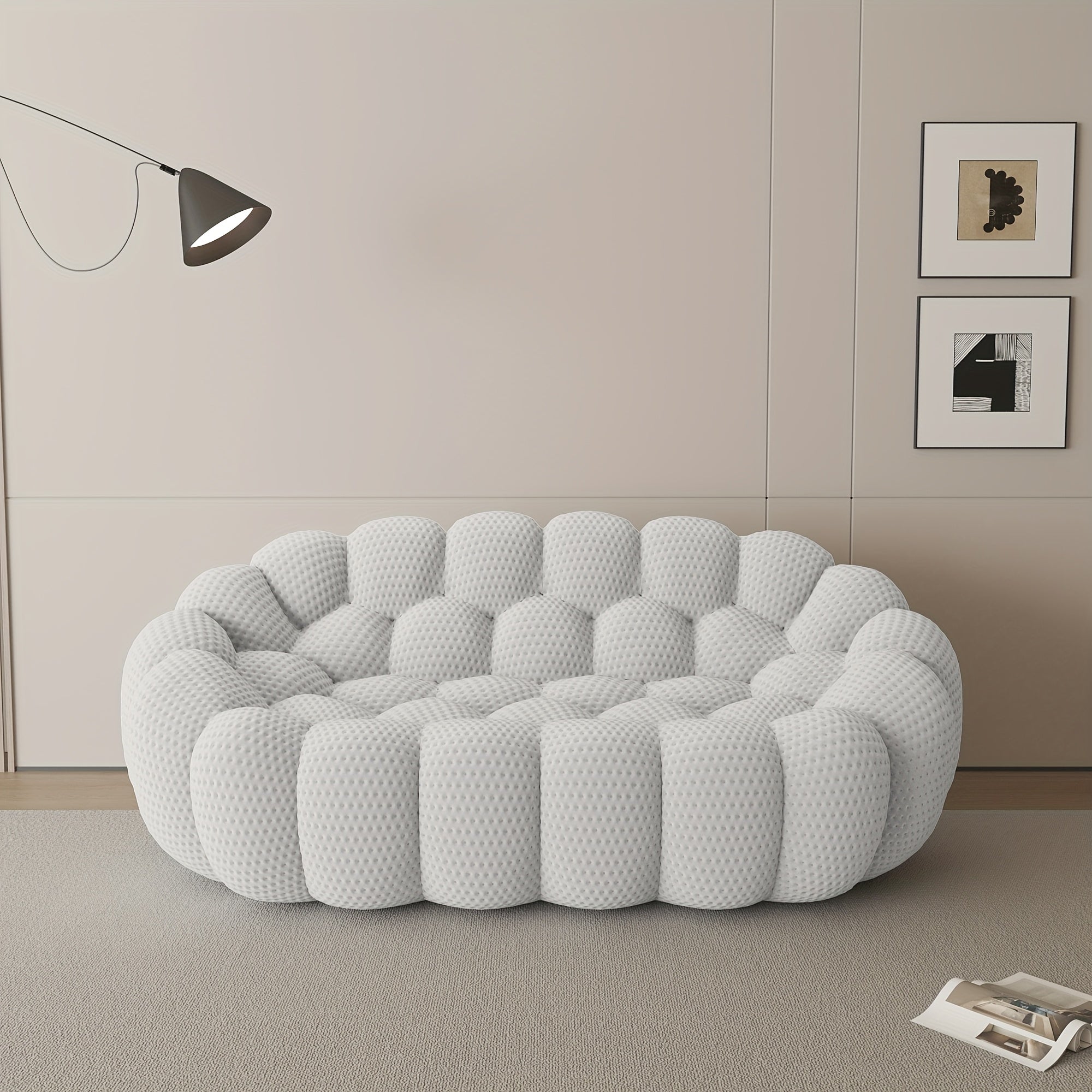 Modern Curved Sofa with a Comfortable Upholstered Design, Featuring a Mesh Fabric in a 3D Honeycomb Pattern, Suitable for Living Rooms, Offices, Apartments, And Compact Areas