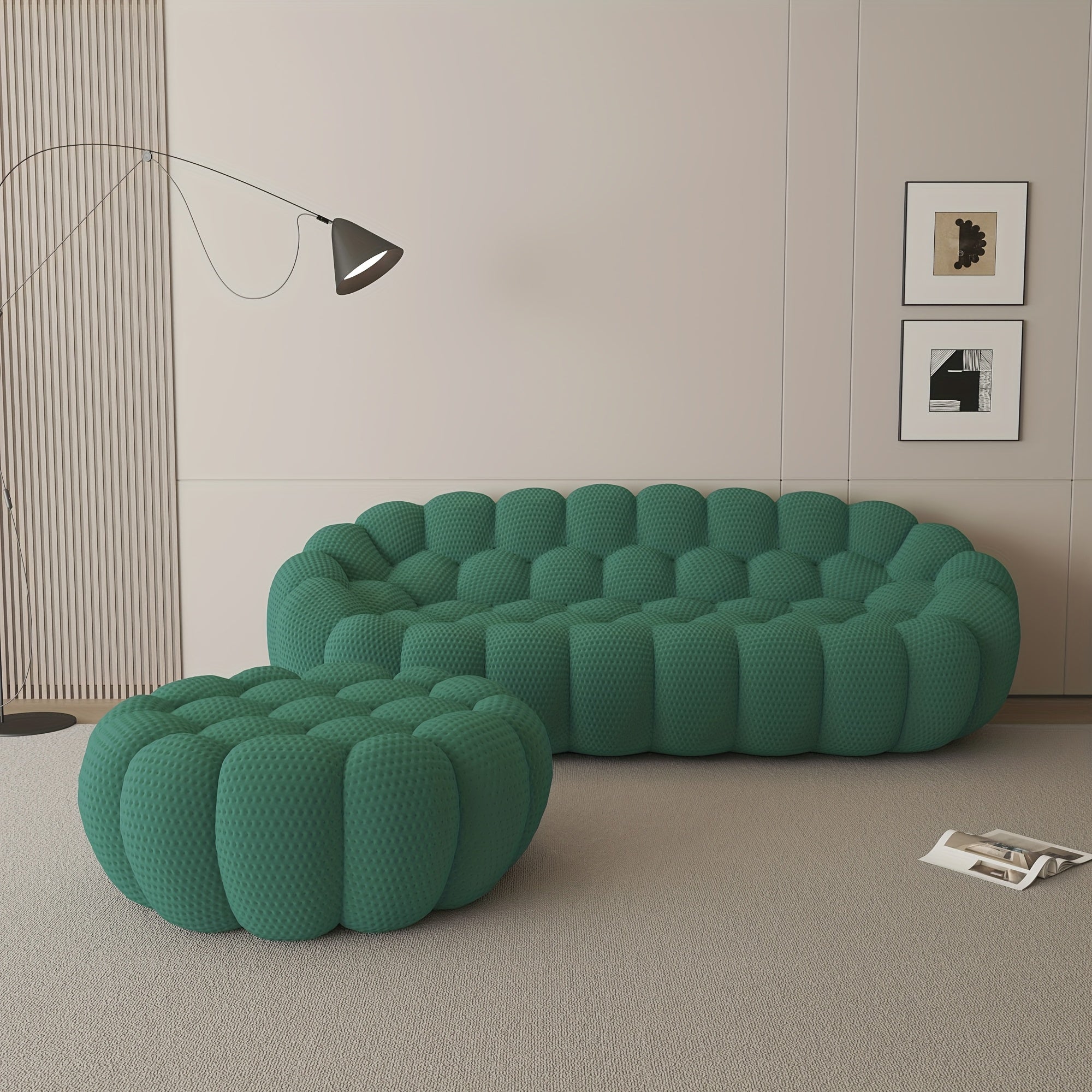 Modern Curved Sofa with a Comfortable Upholstered Design, Featuring a Mesh Fabric in a 3D Honeycomb Pattern, Suitable for Living Rooms, Offices, Apartments, And Compact Areas