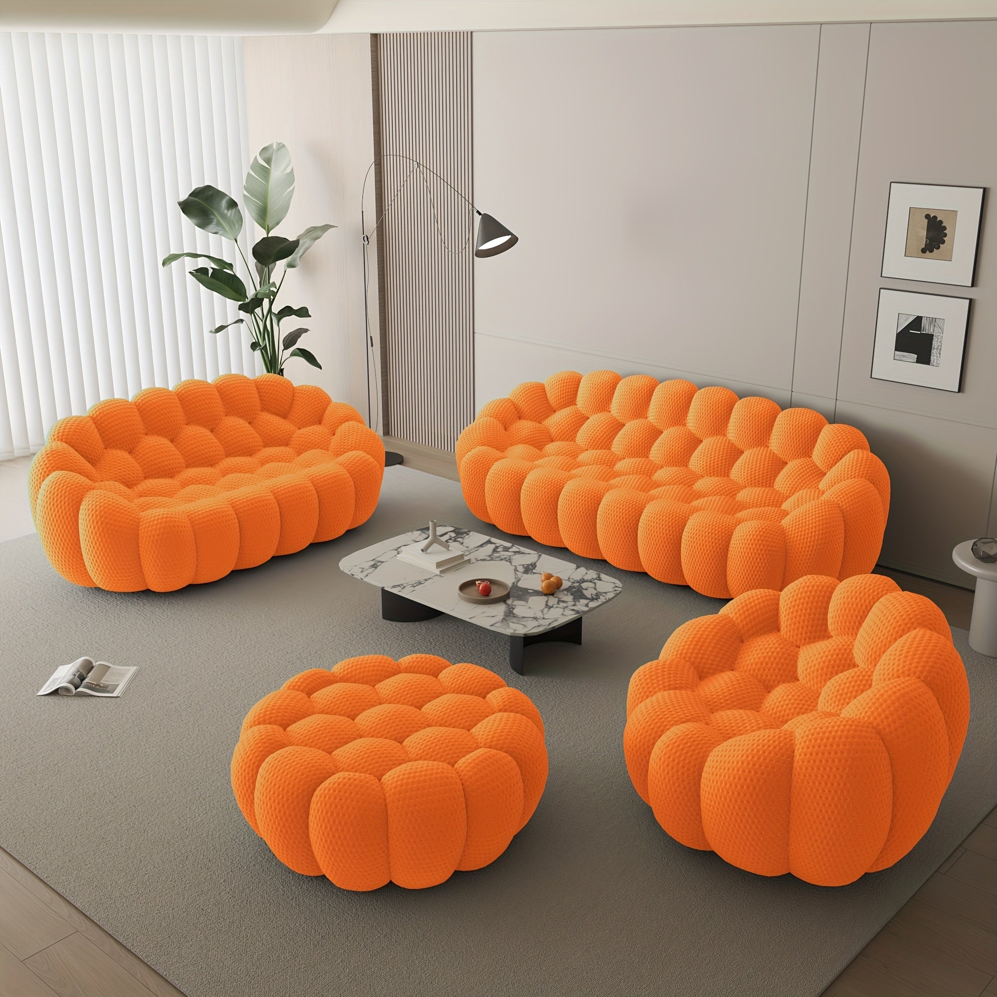 Modern Curved Sofa with a Comfortable Upholstered Design, Featuring a Mesh Fabric in a 3D Honeycomb Pattern, Suitable for Living Rooms, Offices, Apartments, And Compact Areas