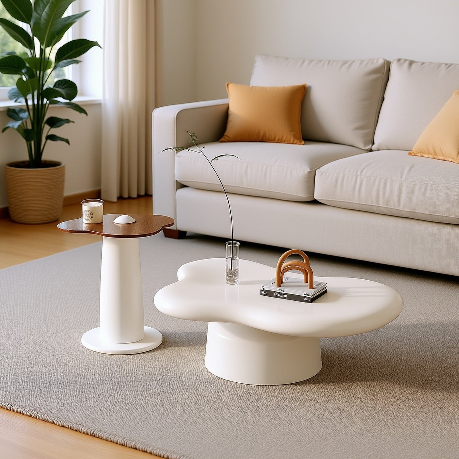 Cloud Coffee Table Set Of 2 - White Cream Modern 2-in-1 Irregular Side Tables, Compact Cloud-Shaped End Tables for Living Room, Bedroom & Office (Small Size, Space-Saving)