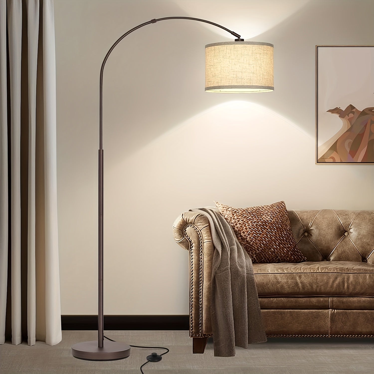 73In Modern Arc Floor Lamp for Living Room, Tall Standing Lamp with Adjustable Hanging Drum Shade, Black Pole Lamp with Weighted Base & E26 Edison Socket, Corner Floor Lighting for Bedroom, Office & Home Decor