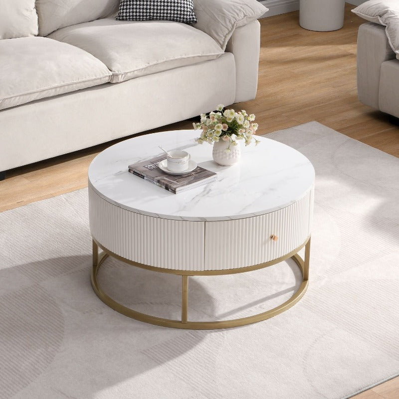 31.5 Inch Modern Round Coffee Table Suitable for Living Room - Retro Faux Table with Storage Drawers, Non-Wood, - & Space-Saving for Small Apartments, Contemporary Furniture