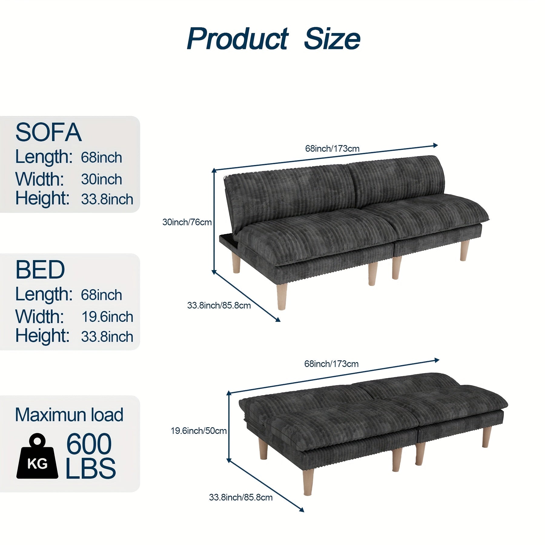 68-Inch Corduroy Futon Sofa with a Flexible Backrest, Convertible Into a Bed, Ideal for Compact Areas, Living Rooms, And Apartments, Easy to Put Together