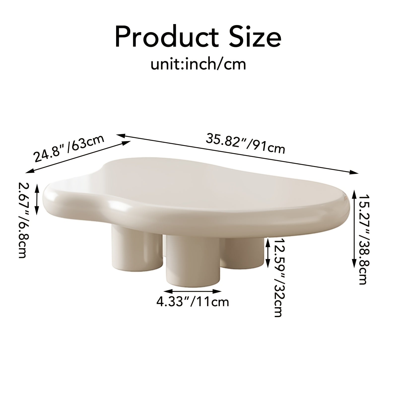 Modern White Cloud Tea Table - Unique Irregular Shape, 4-Leg Design for Living Room or Coffee Area, 35.82 Inches, Minimalist Style with Rounded Edges and Sleek Finish APPLE