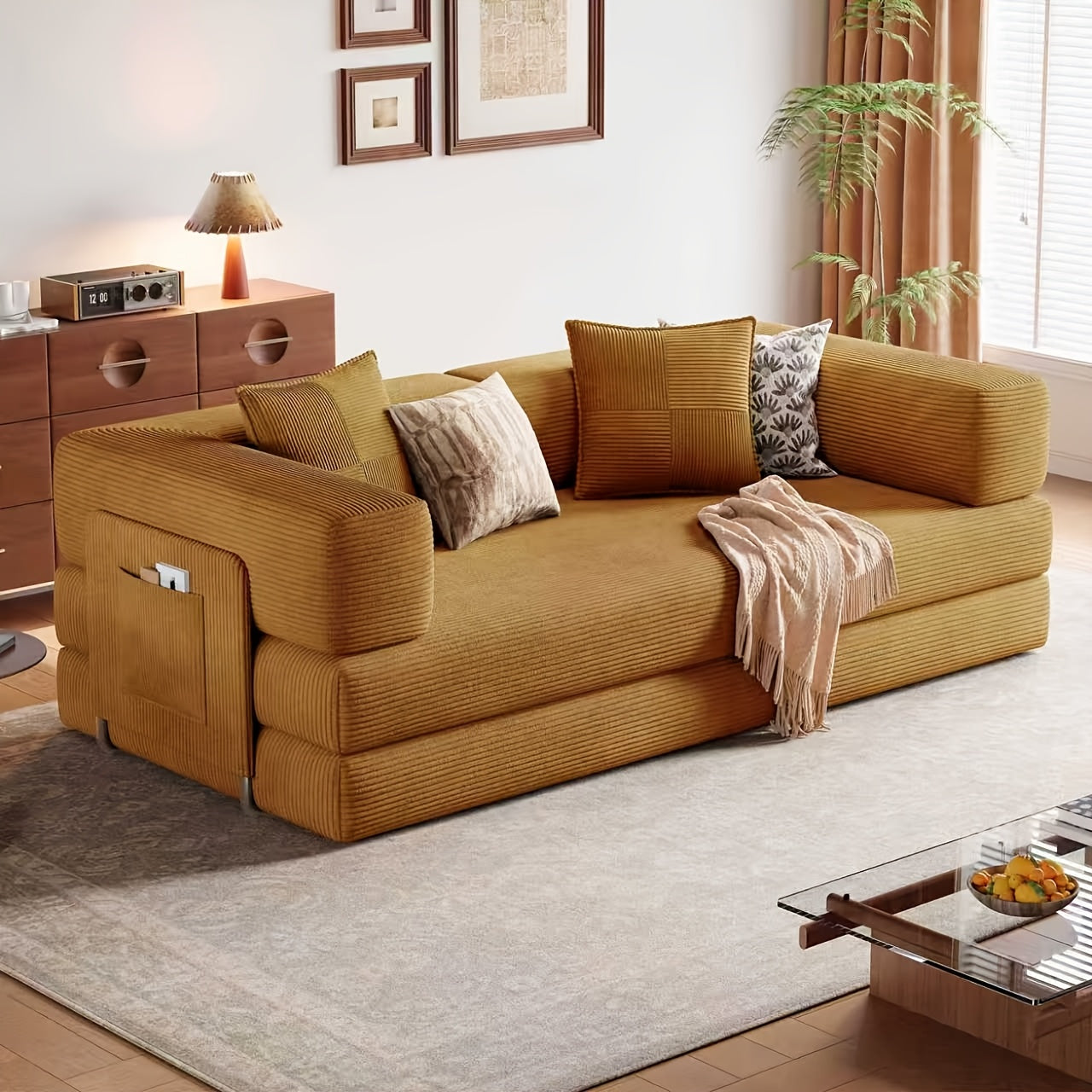 Convertible Sofa Bed - Foldable Floor Couch with Teddy Foam And Corduroy - Modular Sectional for Living Room, Bedroom, Studio - Compressible Sofa in Box