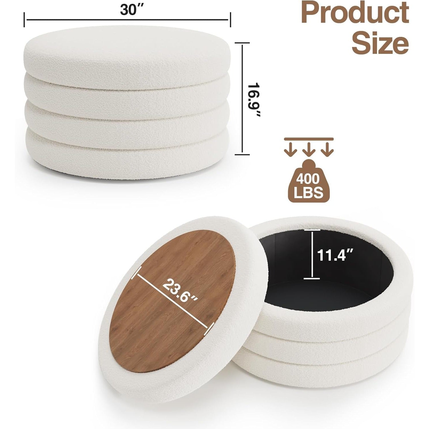 30 Inch Round Ottoman Coffee Table with Storage | Large Sherpa Storage Coffee Table Ottoman with Tray, Multi-Functional Cozy Modern Foot Rest for Couch, Living Room, Cream White, HOSEOKA