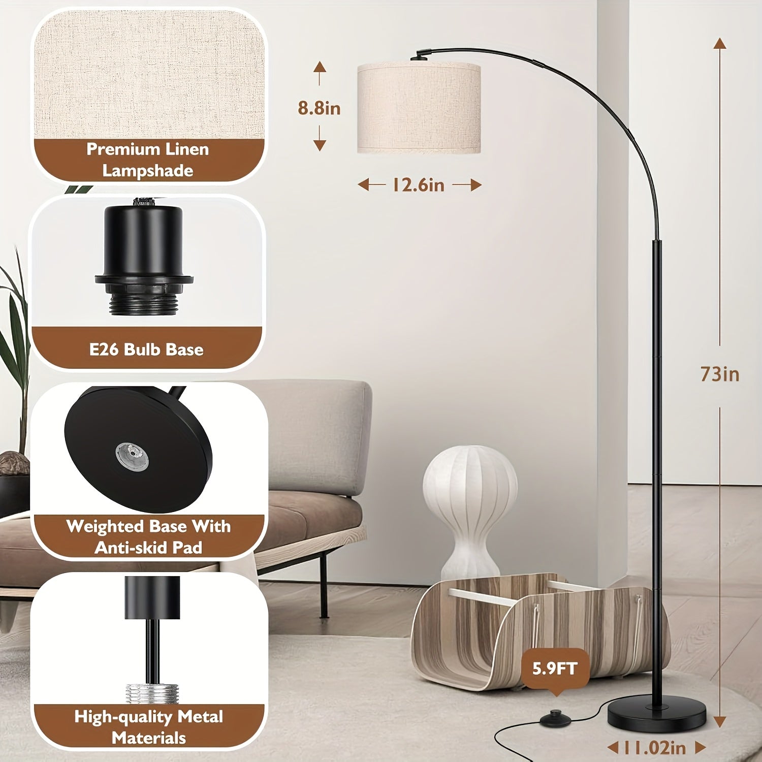 73In Modern Arc Floor Lamp for Living Room, Tall Standing Lamp with Adjustable Hanging Drum Shade, Black Pole Lamp with Weighted Base & E26 Edison Socket, Corner Floor Lighting for Bedroom, Office & Home Decor
