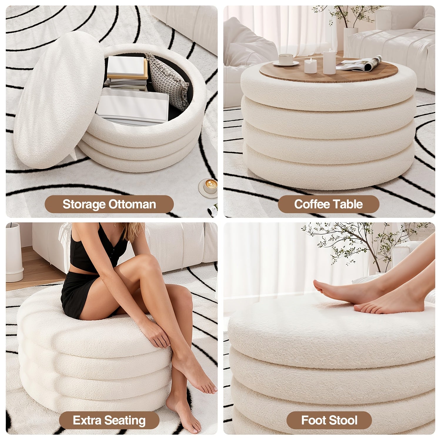 30 Inch Round Ottoman Coffee Table with Storage | Large Sherpa Storage Coffee Table Ottoman with Tray, Multi-Functional Cozy Modern Foot Rest for Couch, Living Room, Cream White, HOSEOKA